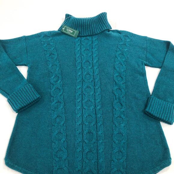 NWT L.L. Bean Double L Mixed Cable Knit Turtleneck Teal 100% Cotton Sweater - Picture 3 of 9